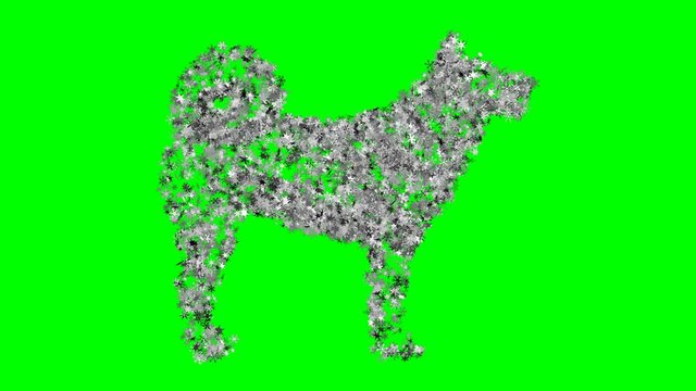 Drawing Of Dog Consisting Of Flickering Snowflakes On A Green Background. Optimal For Using In Screen Mode. 4K, 3840x2160. Symbol 2018 New Year.