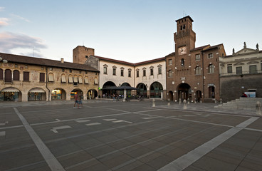 The clock tower or "Torresin" in Piazza Grande in Oderzo. Ancient city of Roman origin in the province of Treviso, Italy.