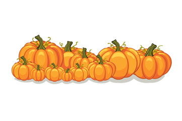 Halloween vector orange pumpkins graphic. Horizontal banner design template for e-commerce market, web site banners or thanksgiving day backgrounds. Vector pile of orange pumpkins frame border patch.