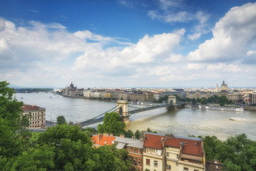 Fototapeta na wymiar Summer view of the Budapest and Chain bridge from Buda Castle. Hungary.
