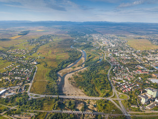 Ukraine, Stryi, Beautiful views of the river and the bridge, photo from quadcopter, dron
