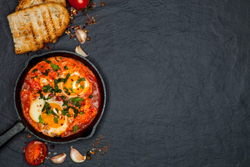 Breakfast. Shakshuka with bread in pan on a black rustic background. Fried eggs with tomatoes. Top view. Space for text. Middle eastern style breakfast or lunch
