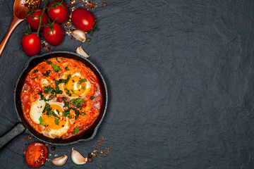 Breakfast. Shakshuka with bread in pan on a black rustic background. Fried eggs with tomatoes. Top view. Space for text. Middle eastern style breakfast or lunch