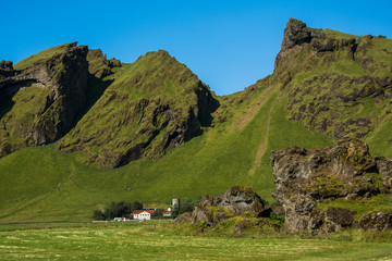 Iceland. Traditional Icelandic houses with grass roof, Iceland.