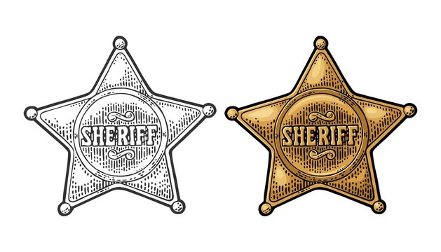 Sheriff star. Vintage black and color vector engraving