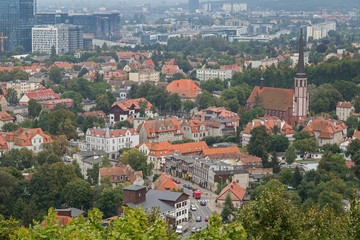 Fototapeta na wymiar View of the Oliwa district and beyond in Gdansk, Poland, from above.