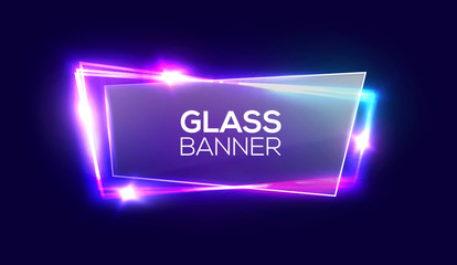 Night club neon sign with textured transparent glass plate. 3d light signboard with shining neon effect. Techno frame with glowing on dark blue backdrop. Electric banner. Colorful vector illustration.
