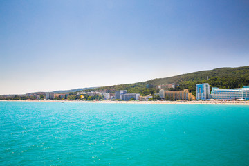Fototapeta premium Beautiful sea coast, Sea beach, resort area in sunny weather in Bulgaria, golden sands