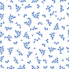 Floral seamless pattern, background for textiles, porcelain, fabric. Blue flowers of Cornflower. Delicate blue and white pattern in small buds.