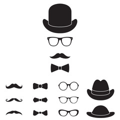 Old fashioned gentleman accessories icon set. Glasses, hat, mustache and bowtie. Vintage or hipster style. Vector illustration.