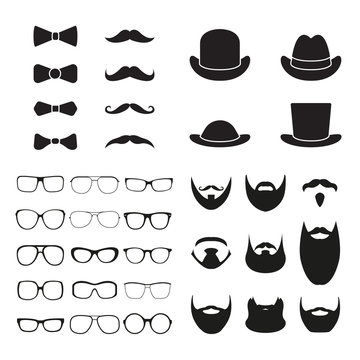 Gentleman accessories icon set. Glasses, hat, beard, mustache and bowtie. Vintage or hipster style. Vector illustration.