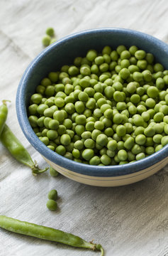 Freshly shelled Peas in Enamel Bowl
