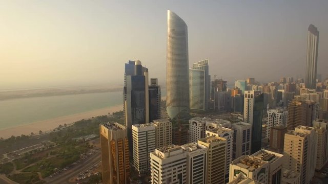 Aerial view. Abu Dhabi cityscape from Corniche Beach. 4K