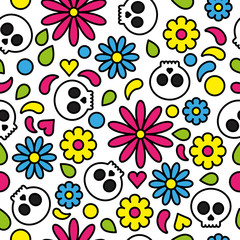 Skull seamless pattern day of the dead cute floral bright colorful