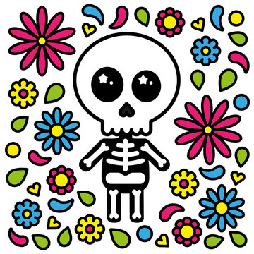 Cute skeleton character day of the dead flowers background