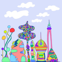 Bright, colorful fantastic city,cartoon sketch style, hand drawing futuristic city, isolated against a background of sky and clouds, vector illustration of a coloring page for children and adults.