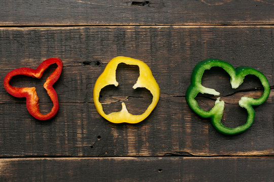 Sliced Red, Yellow And Green Bell Pepper From Above