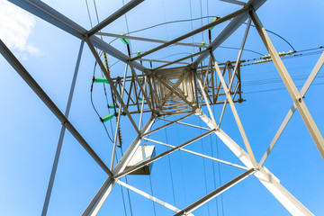 Inside view  of the structure under power transmission tower. High voltage electric tower