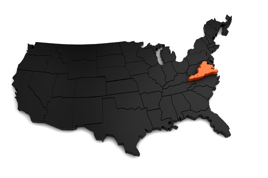 United States of America, 3d black map, with Virginia state highlighted in orange. 3d render