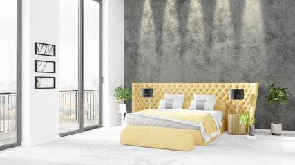 Brand new white loft bedroom minimal style interior design with copyspace wall and view out of window. 3D Rendering.