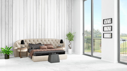 Brand new white loft bedroom minimal style interior design with copyspace wall and view out of window. 3D Rendering.