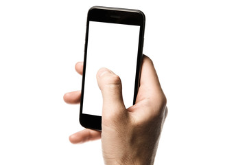 Hand holding Black Smartphone with blank screen on white background
