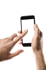 Hand holding Black Smartphone with blank screen on white background