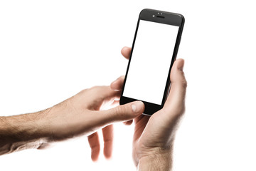 Hand holding Black Smartphone with blank screen on white background