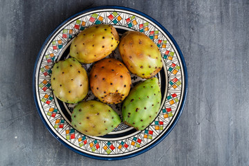 Opuntia ficus-indica, Barbary fig, cactus pear, spineless cactus, prickly pear, Indian fig opuntia on a plate for dessert