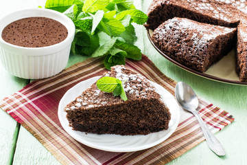 Homemade chocolate cake, chocolate dessert and mint