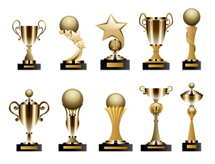 Beautiful golden trophy cups and awards of different shape realistic set isolated on white background. Vector illustration - obrazy, fototapety, plakaty