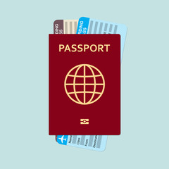 Passport with tickets flat icon. Documents for travel. Vector illustration.