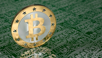 Golden Bitcoin on circuit board layout - 3D rendering