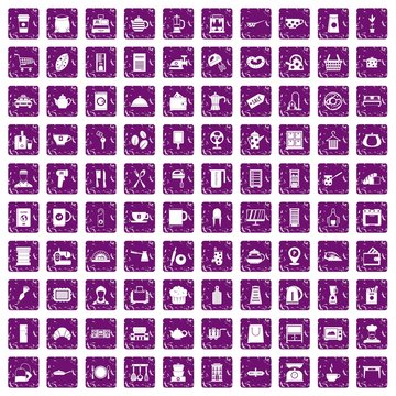 100 kitchen utensils icons set grunge purple