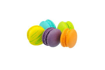 Sweet colorful macarons isolated on white background.