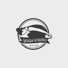 Yoga Studio Logo. Design badge template with girl practicing yoga. This monochrome symbol can be used for social network and web advertising or brand promotion.