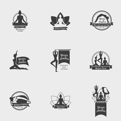 Yoga Studio Logo. Collection of yoga section badges.This monochrome symbol template can be used for social network and web advertising or brand promotion.