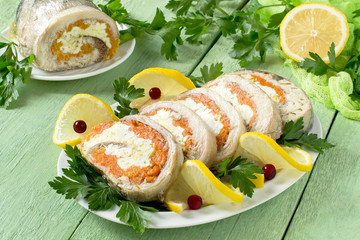 Mackerel roll with carrots and eggs