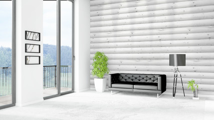 Brand new white loft bedroom minimal style interior design with copyspace wall and view out of window. 3D Rendering.