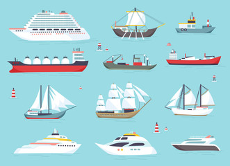 Ships at sea, shipping boats, ocean transport vector icons set