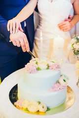 Fototapeta na wymiar brdie and groom hands near wedding cake