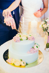 brdie and groom hands near wedding cake