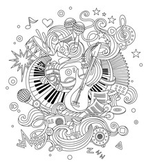 Abstract Music Background, Collage with musical instruments. Hand drawing Doodle, vector illustration