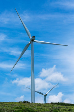 Two of many windmills in a wind farm that generates alternative source of power