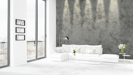 Brand new white loft bedroom minimal style interior design with copyspace wall and view out of window. 3D Rendering.