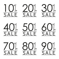 Sale and discount tag set. Price off badge design template. 10,20,30,40,50,60,70,80,90 percent sale. Vector illustration.