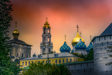 Skyline of monastery in Russia at sunset