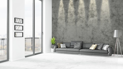 Brand new white loft bedroom minimal style interior design with copyspace wall and view out of window. 3D Rendering.
