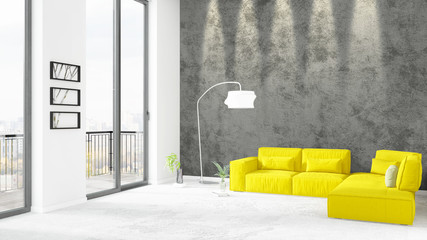 Brand new white loft bedroom minimal style interior design with copyspace wall and view out of window. 3D Rendering.