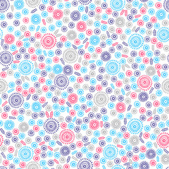 Seamless floral pattern. Tiny petals and leaves on a white background. Background in the style of polka dot.